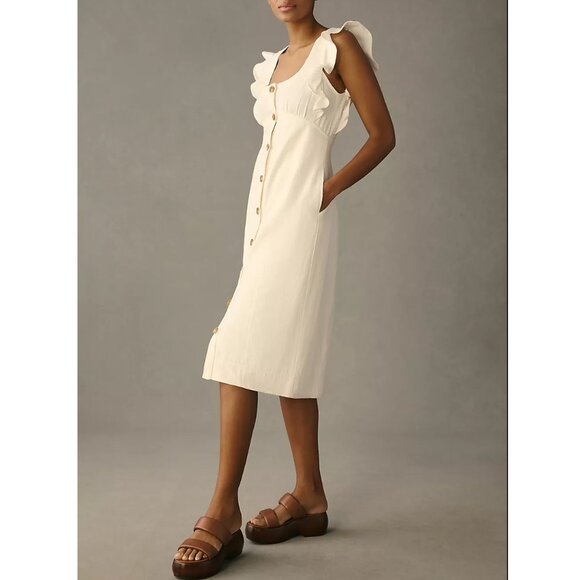 Anthropologie Dresses & Skirts - NWOT Anthropologie Pilcro Scoop-Neck Ruffle-Sleeve Buttondown Dress White Sz 10